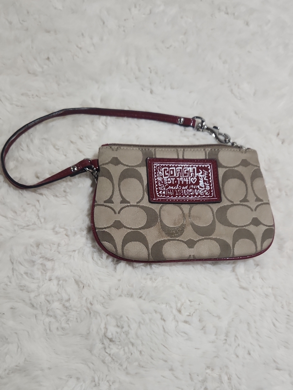 Coach Signature Canvas Wristlet with Burgundy Trim